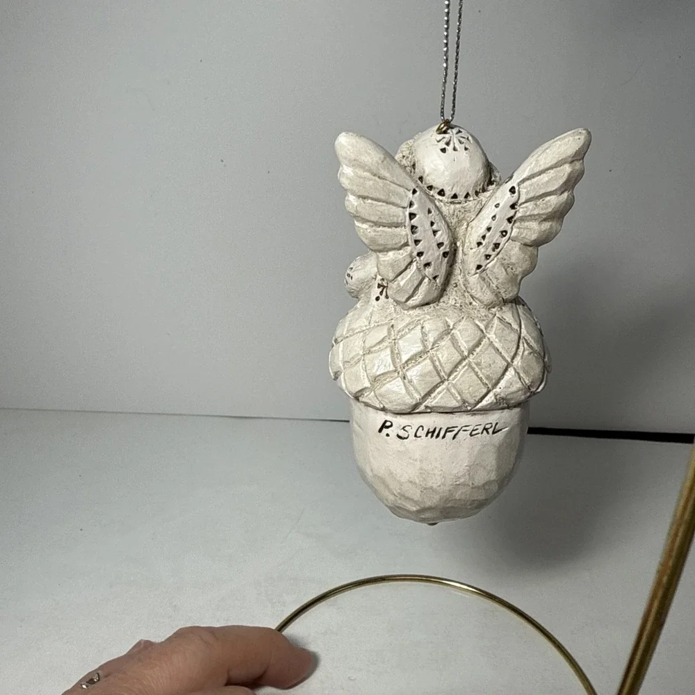 Vintage Pam Schifferl Acorn Angel White Signed Ornament For‎ Midwest With Dove